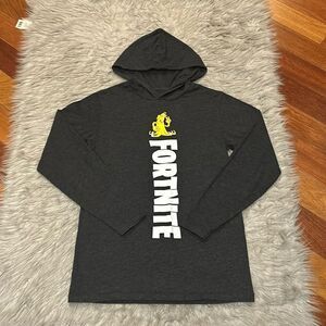 Fortnite boys dark gray white and yellow logo hooded cotton long sleeve shirt